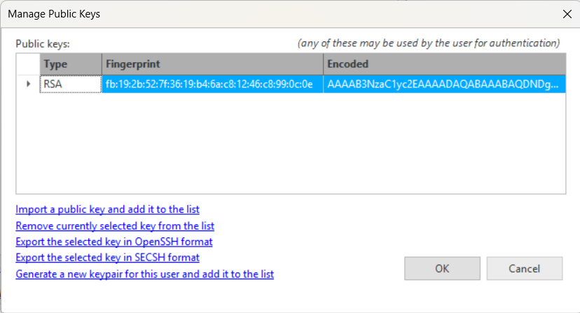 CompleteFTP Manager's Manage Public Keys dialog listing a registered public key for the user
