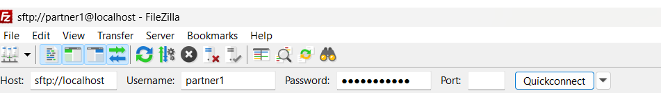 FileZilla Quickconnect bar with the SFTP protocol prefix, host, username and password filled in