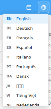 The globe language selector in the top bar with a list of languages